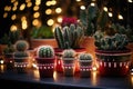 pots of christmas cacti decorated with fairy lights