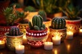 pots of christmas cacti decorated with fairy lights
