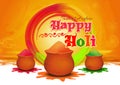 Pots with colorful gulaal, powder color for festival of colors Happy Holi. Happy Holi greeting card