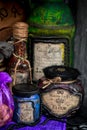 Pots for making potions in the witch`s storehouse