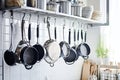 pots and pans hanging from hooks in an organized kitchen