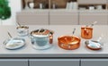 Pots and pans. Wooden table over blurred kitchen window sill for product display, 3d rendering Royalty Free Stock Photo