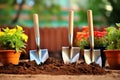 Pots shovel gardening tools flowers plants digging hobby nature growth cultivate outdoors horticulture equipment flora Royalty Free Stock Photo