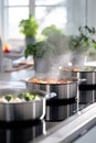 Pots of simmering food in a bright modern kitchen. AI generative Royalty Free Stock Photo