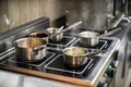 Pots on the stove in the restaurant. Cooking food. Royalty Free Stock Photo