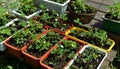 Pots with strouts of strawberry on wooden planks outside in the garden Royalty Free Stock Photo