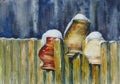 Pots on wooden fence watercolors painted.