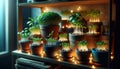 Pots with young plant sprouts on a shelf with artificial LED lighting. Accelerated growing