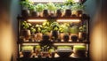 Pots with young plant sprouts on a shelf with artificial LED lighting. Accelerated growing