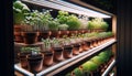 Pots with young plant sprouts on a shelf with artificial LED lighting. Accelerated growing