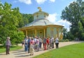 POTSDAM, GERMANY. Excursion group against the background of the Chinese tea lodge. Park of San Sushi