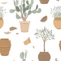Potsherds and Mediterranean plants in old pots, seamless pattern. Lavender, prickly pear, and olive tree in clay pottery Royalty Free Stock Photo
