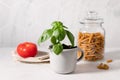 Potted basil plant, pasta and a tomato on kitchen table Royalty Free Stock Photo