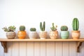 potted cacti lineup in a row on shelf