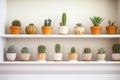 potted cacti lineup in a row on shelf