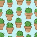 Potted cactus in cartoon style. Cute vector illustration. Seamless pattern on blue background Royalty Free Stock Photo