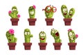 Potted cactus characters sett, funny cacti in flower pot with different emotions vector Illustrations on a white Royalty Free Stock Photo