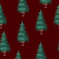 Potted Christmas tree seamless pattern on red background