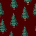 Potted Christmas tree seamless pattern on red background