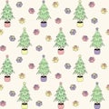 Potted Christmas trees and colorful gifts seamless pattern