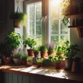 An array of potted herbs sit on the window sill to catch early morning sun Royalty Free Stock Photo