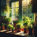 An array of potted herbs sit on the window sill to catch early morning sun Royalty Free Stock Photo