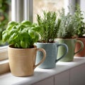 Potted herbs on windowsill in cozy kitchen setting. Royalty Free Stock Photo