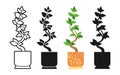 Potted house plant cartoon icon set leaf houseplant flowerpot doodle line icon silhouette style