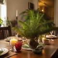 potted Norfolk Island pine tree on a decorated table