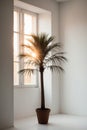 A potted palm tree in a corner of a white room with sunlight streaming through the window. Royalty Free Stock Photo