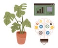 Growth, Innovation, and Analytics Concept with Plant, Bulb Gears, and Data Chart Elements Royalty Free Stock Photo