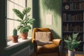 Potted plant near armchair by the window, books on the shelves on the wall, illustartion, flat vector, copy space
