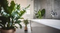 Potted plant placed near bathtub and glass shower cabin in sunlit modern bathroom at home, Generative AI Royalty Free Stock Photo