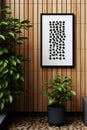 A potted plant sits on a wooden wall next to a framed picture, AI