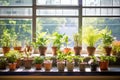 potted plants arranged along a sunny staff room window