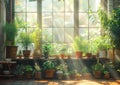 Potted plants and herbs on sunny windowsill Royalty Free Stock Photo