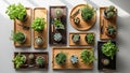 Of potted plants including cacti and succulents are arranged on Royalty Free Stock Photo