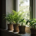 Potted plants sit on a windowsill with bright light filtering through. The greenery Royalty Free Stock Photo
