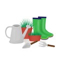 Potted plants, watering can, rubber boots and gardening tools