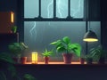 Potted Plants on a Window Sill in a Stormy Environment is Digitally Lofi Style Painted.