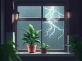 Potted Plants on a Window Sill in a Stormy Environment is Digitally Lofi Style Painted.