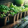 Potted seedlings growing in biodegradable peat moss pots on wooden background Royalty Free Stock Photo