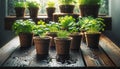 Potted seedlings growing in biodegradable peat moss pots on wooden background Royalty Free Stock Photo