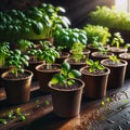 Potted seedlings growing in biodegradable peat moss pots on wooden background Royalty Free Stock Photo