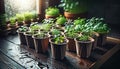 Potted seedlings growing in biodegradable peat moss pots on wooden background Royalty Free Stock Photo