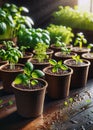 Potted seedlings growing in biodegradable peat moss pots on wooden background Royalty Free Stock Photo