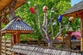 Tree with colored pots, a tradition from Maramures county, Romania. Royalty Free Stock Photo