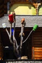 Tree with colored pots, a tradition from Maramures county, Romania. Royalty Free Stock Photo