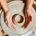 potter clay pottery pot craft wheel hands. Potter's hands while working on the wheel, top view with dark background.