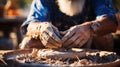 Potter\'s hands doing pottery, Workshop for manufacturing potter\'s products, Concept handmade, workshop, artist